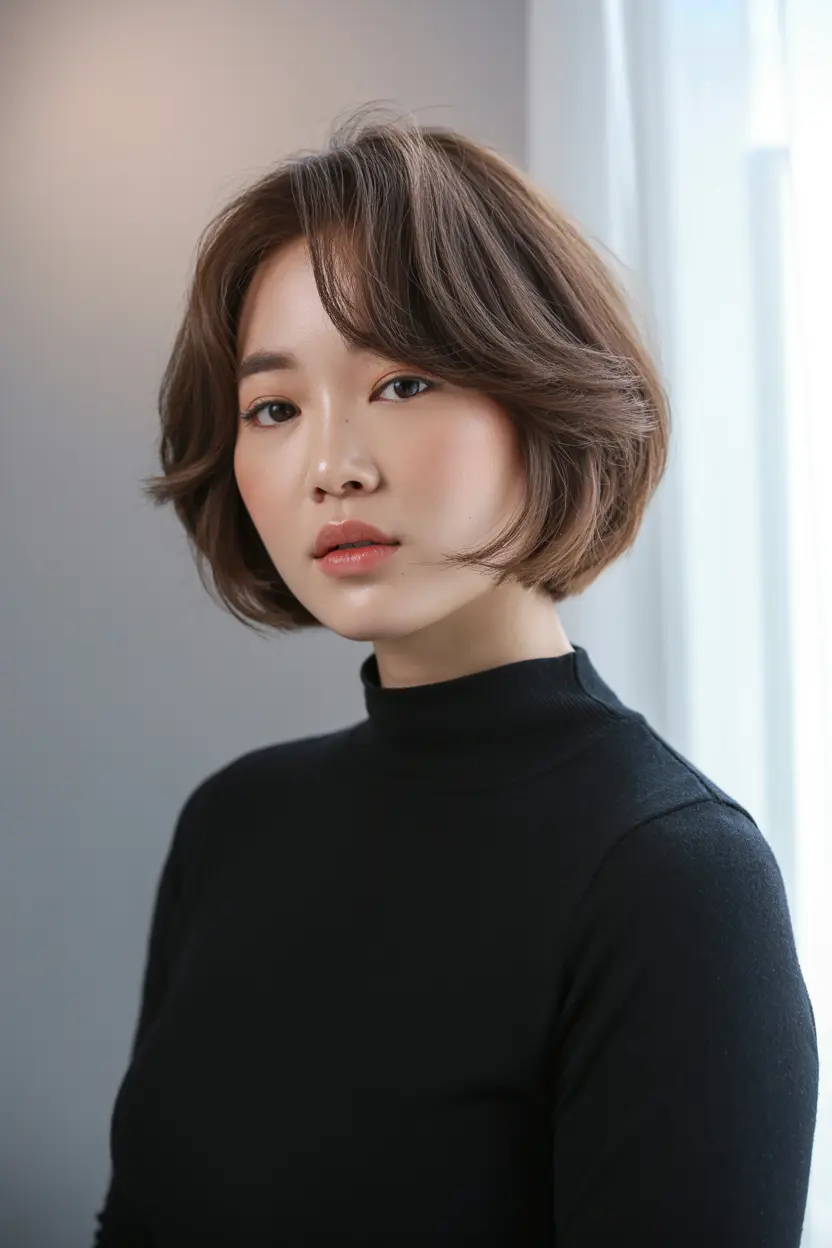 30 peinados cortos coreanos de moda para caras redondas 1 1. Korean Short Bob for Chubby Face